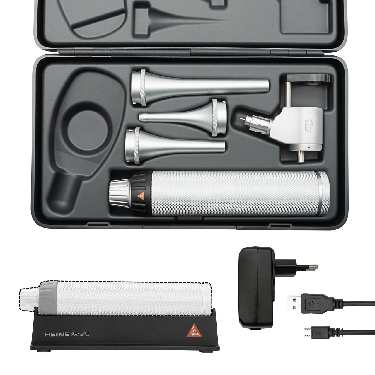 Zestaw otoskopu HEINE G100 LED z rękojeścią BETA4 i wziernikami w walizce (zdjęcie wariantu USB)